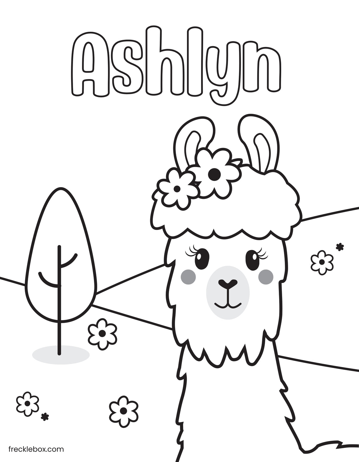 Personalized coloring page with child&#39;s name and a llama in a meadow.