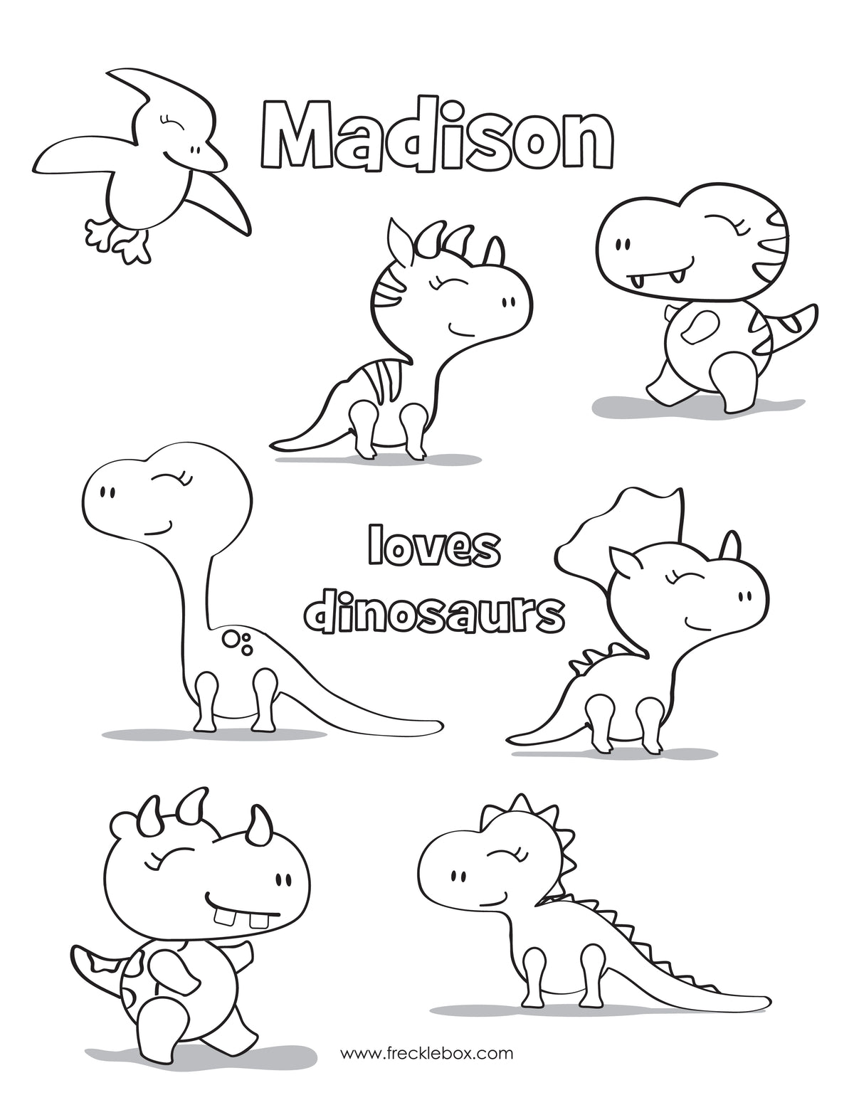 Free coloring page with dinosaurs and a child&#39;s name.