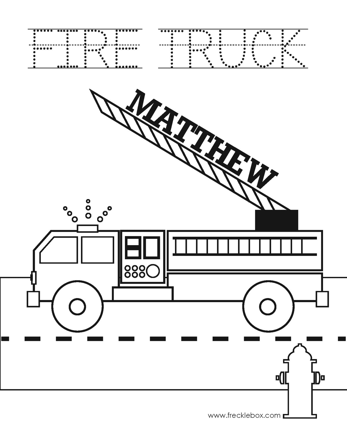 Free personalized coloring page with firetruck and kid&#39;s name.