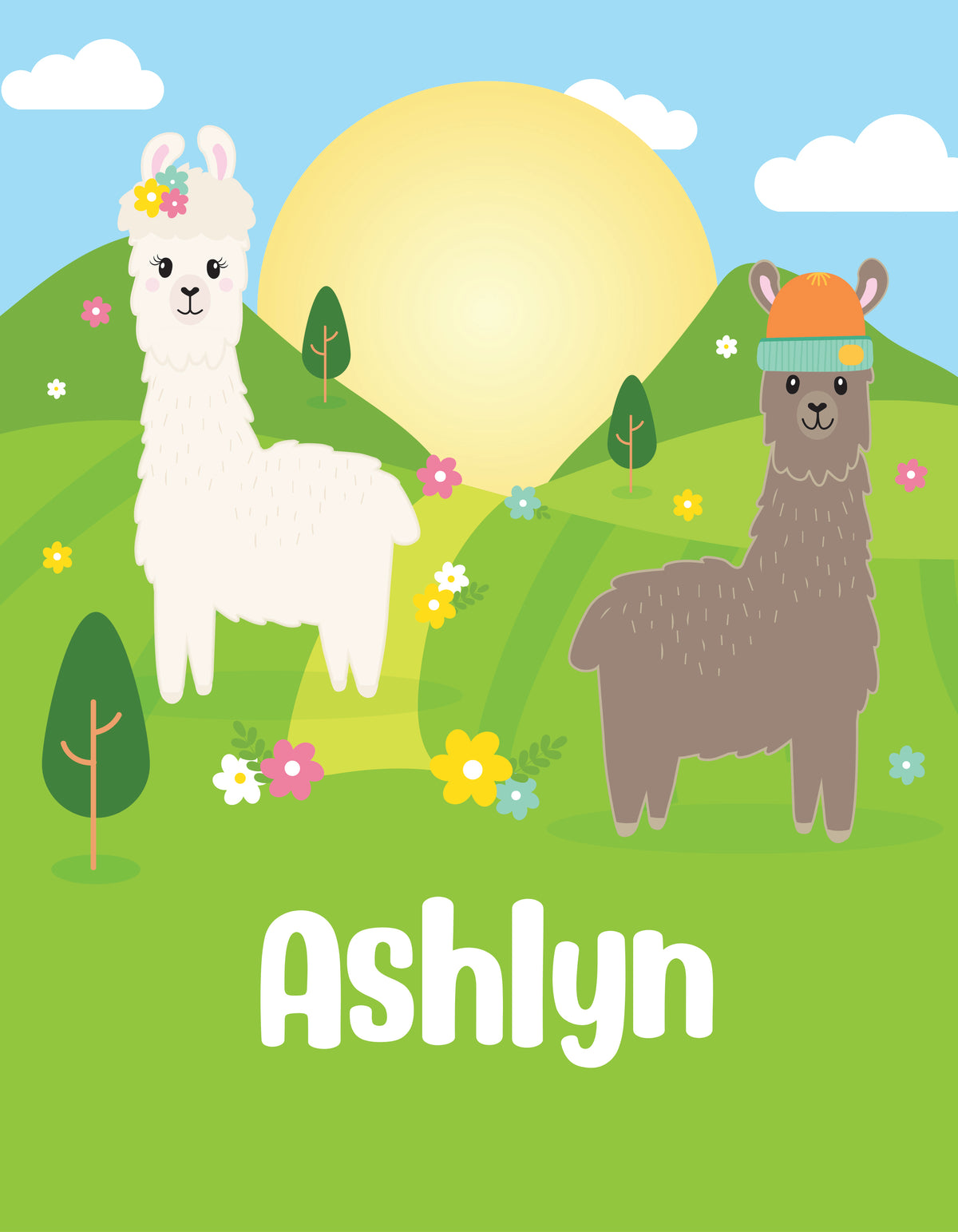 Personalized notebook with child&#39;s name and 2 llamas in a meadow.