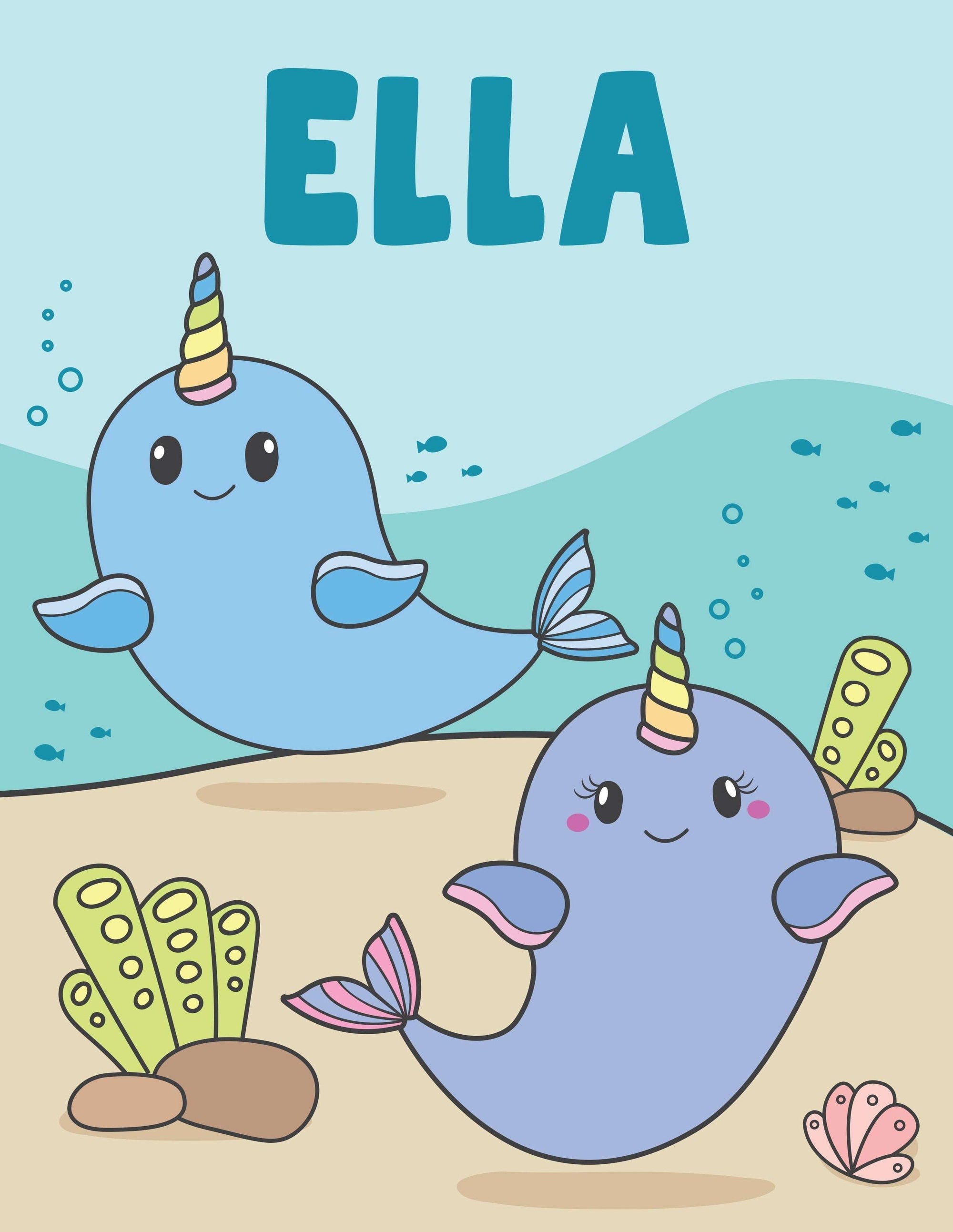 Personalized sketchbook cover with child's name and two narwhals under water.