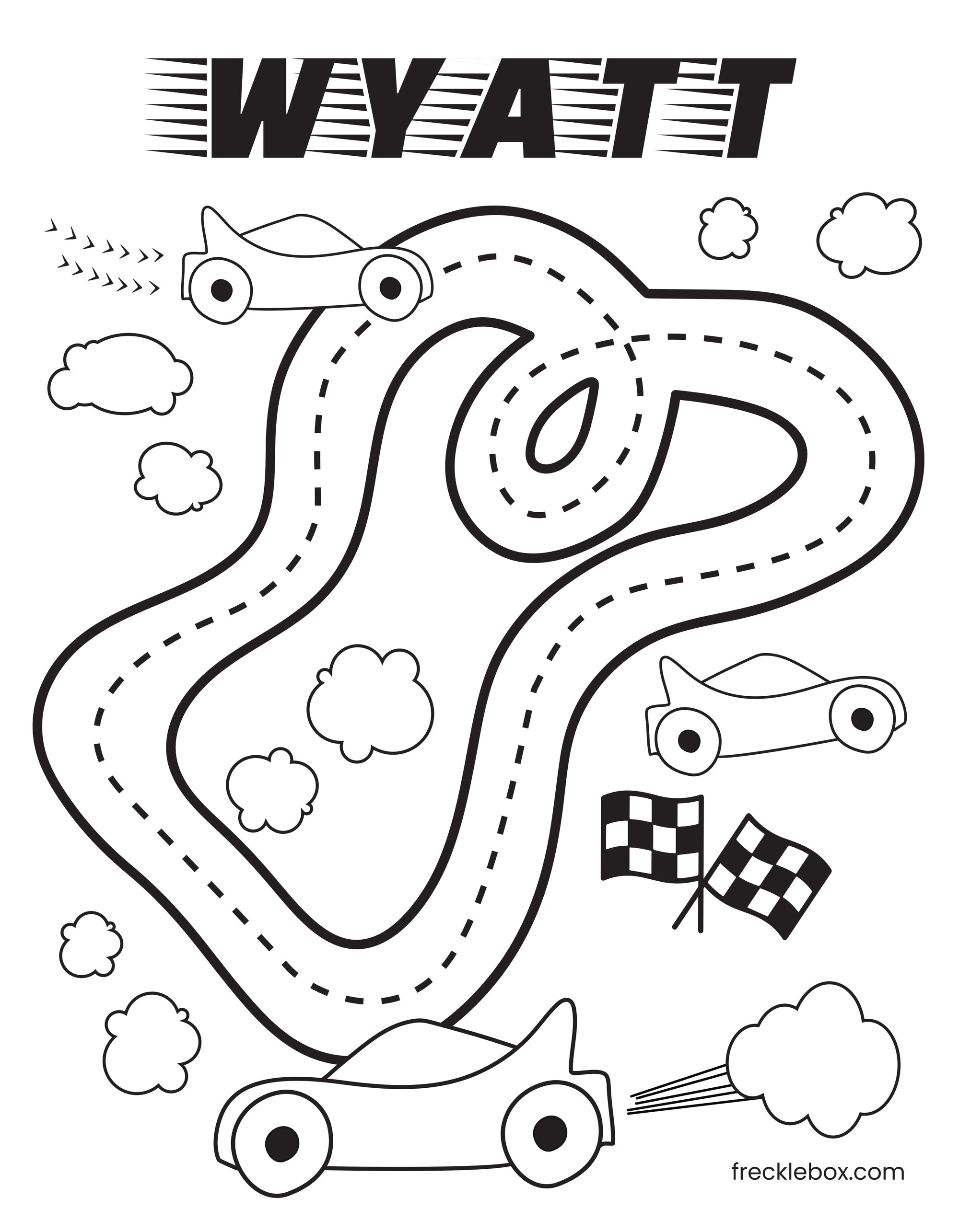 Free coloring page for kids featuring racetrack , cars and child's name.