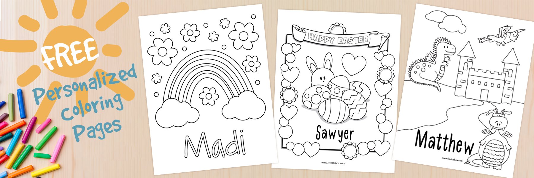 Free coloring pages personalized with children's names.