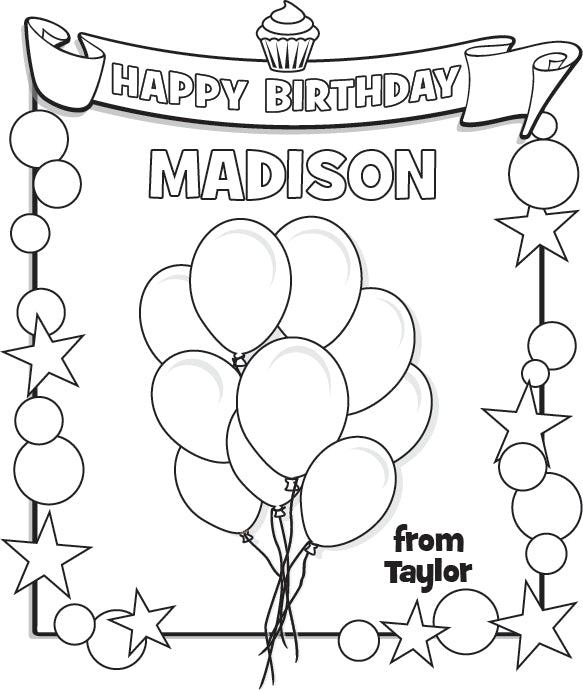 Happy Birthday free coloring page personalized with kids names.