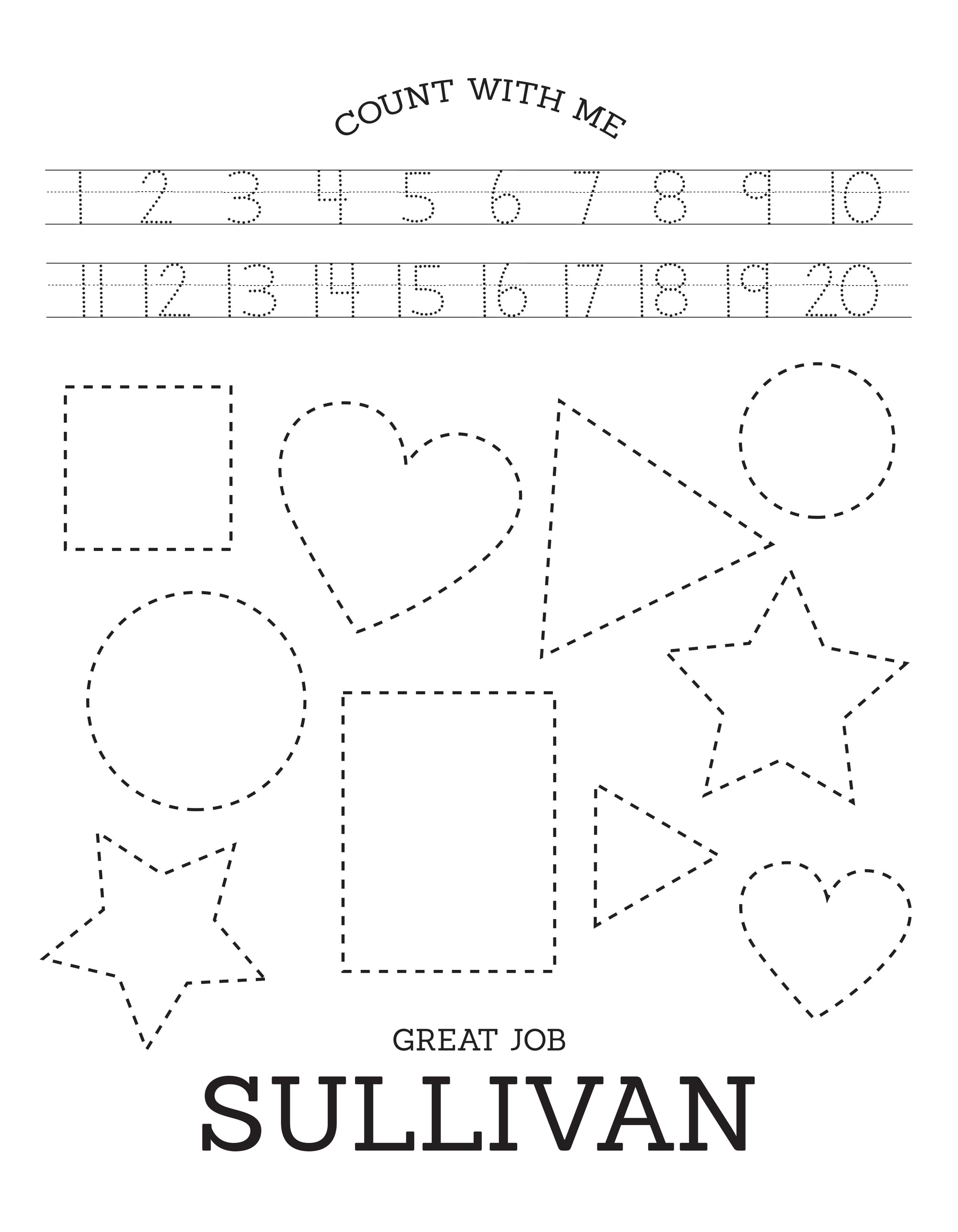 Free presonalized coloring page with numbers and shapes.