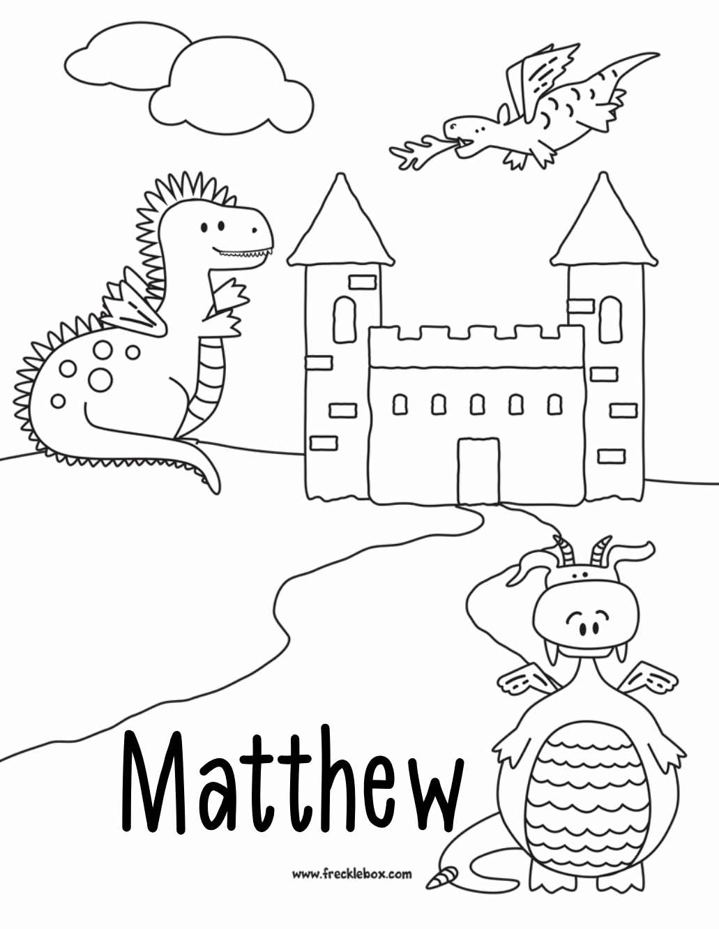 Free personailzed coloring page with dragons and a castle.