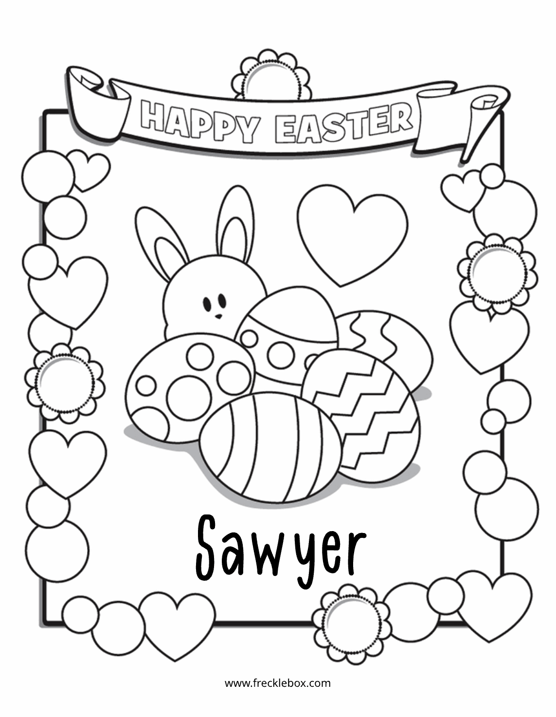 Free personalized coloring page with Easter bunny and eggs.