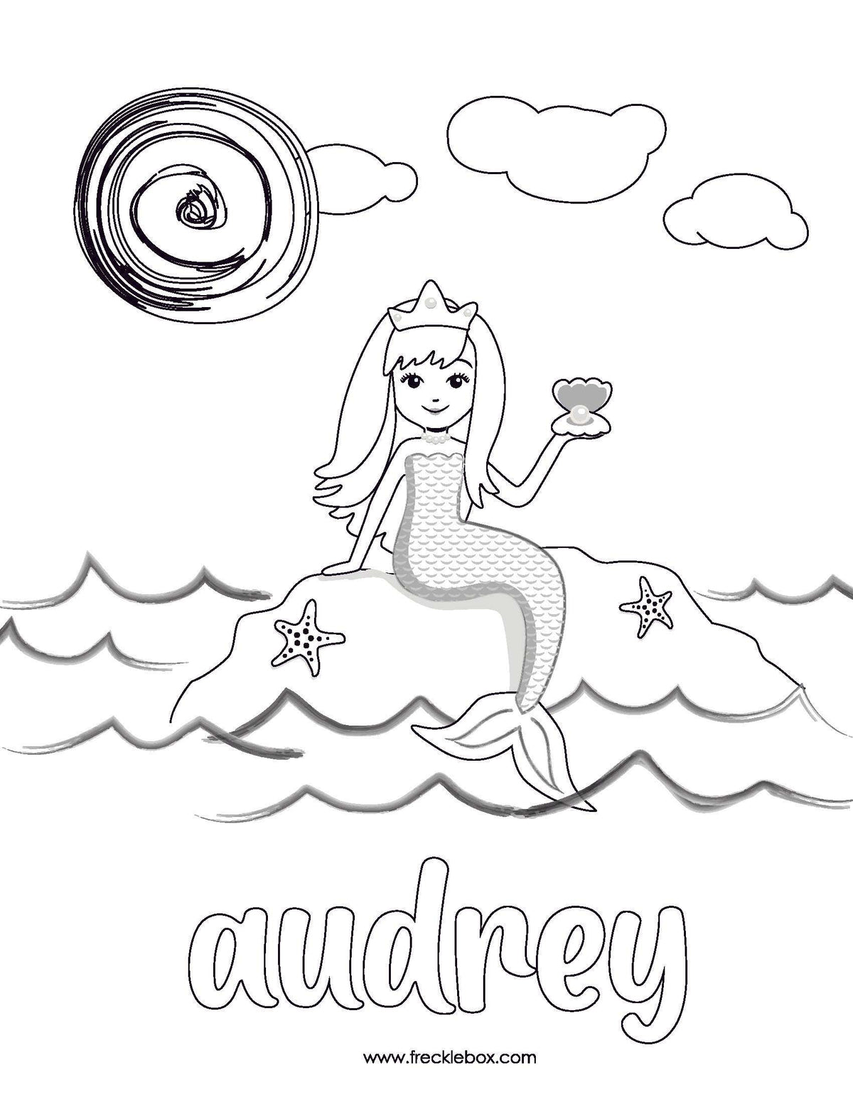 Free downloadable coloring page with mermaid, personalized with child&#39;s name.