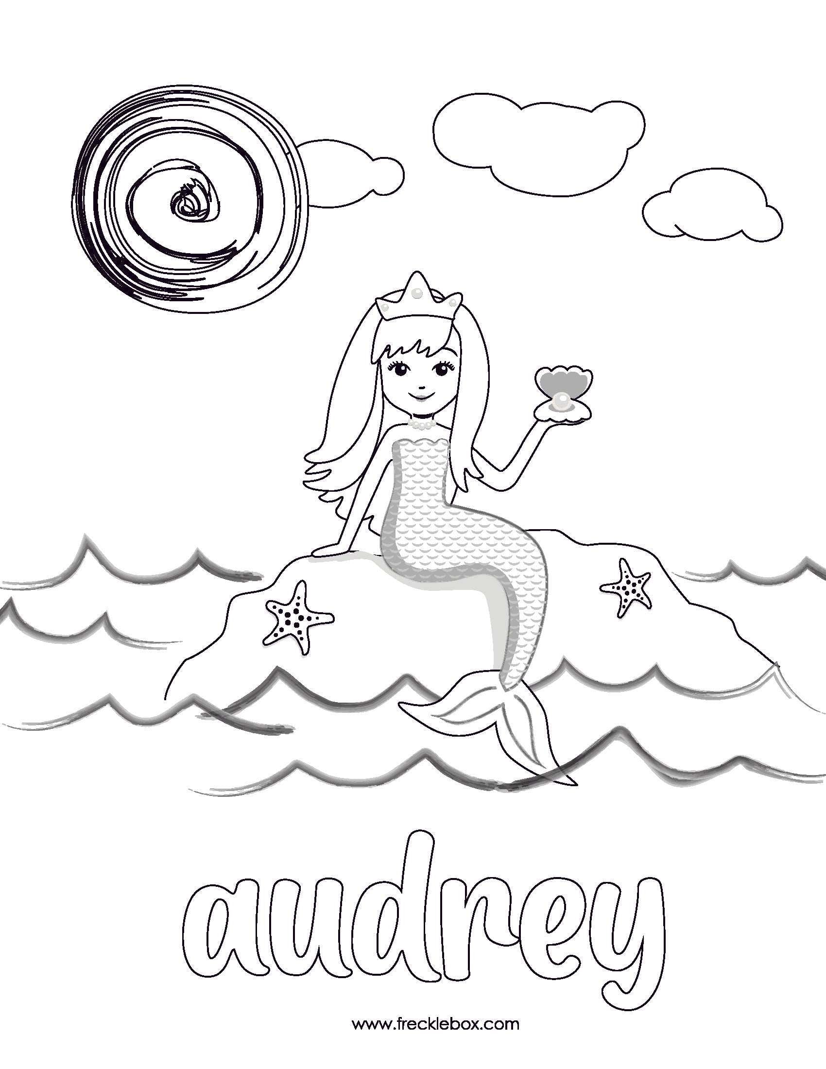 Free downloadable coloring page with mermaid, personalized with child's name.