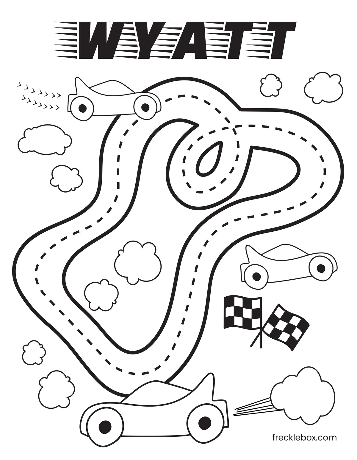 Free coloring page for kids featuring racetrack , cars and child&#39;s name.